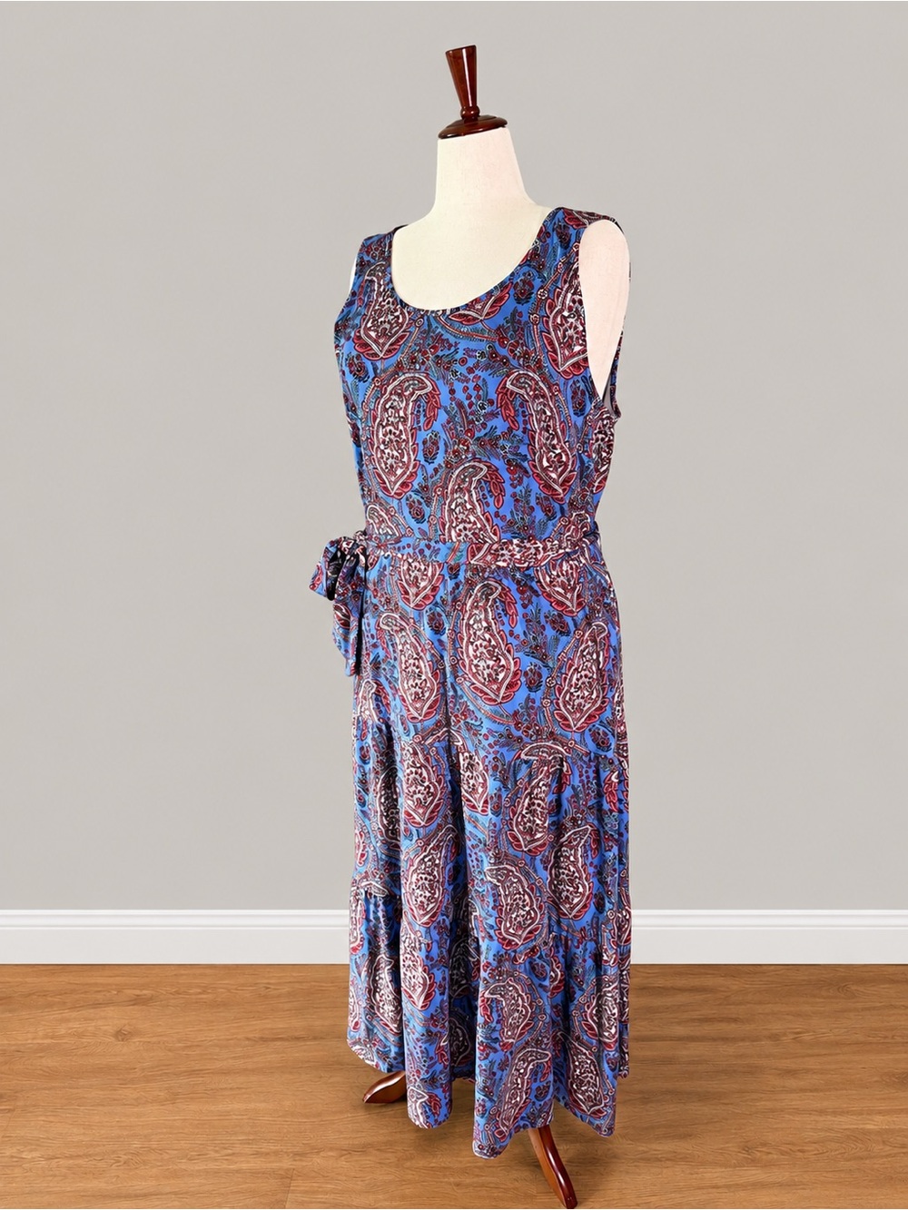 Talbots XL Blue Paisley Sleeveless Tie Waist Knit Maxi Dress